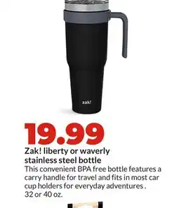 Hy-Vee Zak! liberty or waverly stainless steel bottle offer