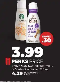 Hy-Vee Coffee Mate Natural Bliss 32 fl. oz. or Starbucks creamer 28 fl. oz offer