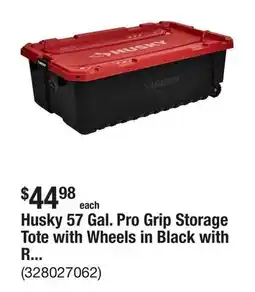 The Home Depot Husky 57 Gal. Pro Grip Storage Tote with Wheels in Black with Red Lid offer