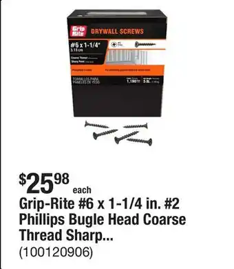 The Home Depot Grip-Rite #6 x 1-1/4 in. #2 Phillips Bugle Head Coarse Thread Sharp Point Drywall Screws 5 lb. Box offer