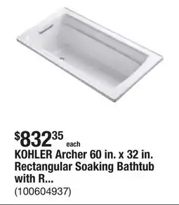 The Home Depot KOHLER Archer 60 in. x 32 in. Rectangular Soaking Bathtub with Reversible Drain in White offer