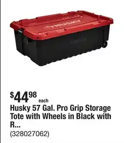 The Home Depot Husky 57 Gal. Pro Grip Storage Tote with Wheels in Black with Red Lid offer