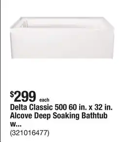 The Home Depot Delta Classic 500 60 in. x 32 in. Alcove Deep Soaking Bathtub with Left Drain in High Gloss White offer