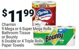 Charmin 9 mega or 6 super mega rolls bathroom tissue or bounty 6 double or 4 triple rolls paper towels