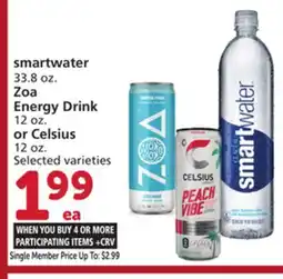 Albertsons smartwater 33.8 oz. Zoa Energy Drink 12 oz. or Celsius 12 oz offer