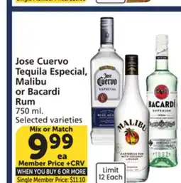 Albertsons Jose Cuervo Tequila Especial, Malibu or Bacardi Rum offer