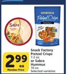 Albertsons Snack Factory Pretzel Crisps 7.2 oz. or Sabra Hummus 10 oz offer