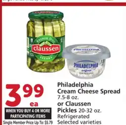 Albertsons Philadelphia Cream Cheese Spread 7.5-8 oz. or Claussen Pickles 20-32 oz offer
