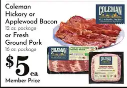 Pavilions Coleman Hickory or Applewood Bacon 12 oz. package or Fresh Ground Pork 16 oz. package offer