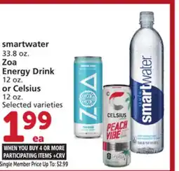 Vons smartwater 33.8 oz. Zoa Energy Drink 12 oz. or Celsius 12 oz offer