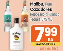 Tony’s Fresh Market Malibu, Rum., Cazadores Reposado or Blanco Tequila, 375mL offer