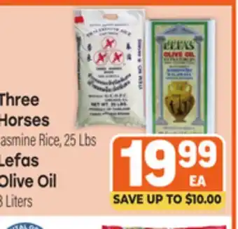 Tony’s Fresh Market Three Horses Jasmine Rice, 25 Lbs Lefas Olive Oil 3 Liters offer