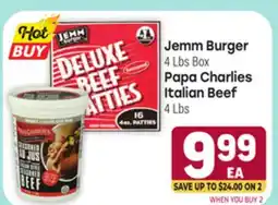Tony’s Fresh Market Jemm Burger 4Lbs Box Papa Charlies Italian Beef 4Lbs offer