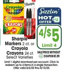 Jewel-Osco Sharpie Markers 2 ct. or Crayons Crayons 24 ct offer
