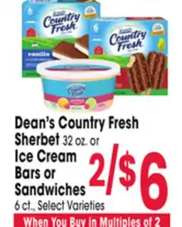 Jewel-Osco Dean's Country Fresh Sherbet 32 oz. or Ice Cream Bars or Sandwiches 6 ct offer