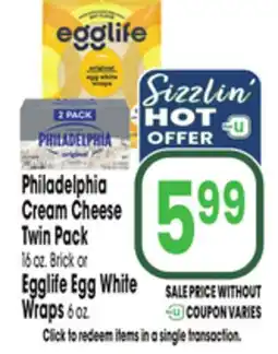 Jewel-Osco Philadelphia Cream Cheese Twin Pack 16 oz. Brick or Egglife Egg White Wraps 6 oz offer