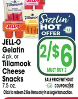 Jewel-Osco JELL-O Gelatin 4 pk. or Tillamook Cheese Snacks 7.5 oz offer
