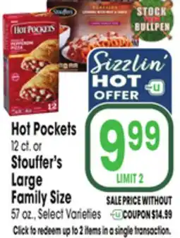 Jewel-Osco Hot Pockets 12 ct.or Stouffer's Large Family Size 57 oz offer