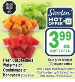 Jewel-Osco Fresh Cut Seedless Watermelon, Cantaloupe or Honeydew 22 oz. Bowl offer