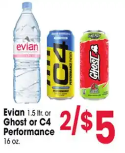 Jewel-Osco Evian 1.5 ltr. or Ghost or C4 Performance 16 oz offer