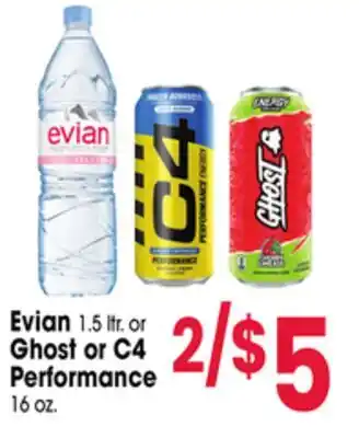 Jewel-Osco Evian 1.5 ltr. or Ghost or C4 Performance 16 oz offer