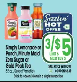 Jewel-Osco Simply Lemonade or Punch, Minute Maid Zero Sugar or Gold Peak Tea offer