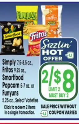 Jewel-Osco Simply 7.5-8.5 oz., Fritos 9.25 oz., Smartfood Popcorn 5-7 oz. or Funyuns 5.25 oz offer