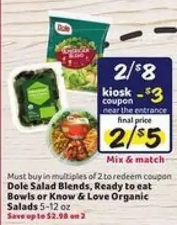 Winn Dixie Dole Salad Blends, Ready to eat Bowls or Know & Love Organic Salads offer
