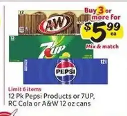 Winn Dixie 12 Pk Pepsi Products or 7UP, RC Cola or A&W 12 oz cans offer