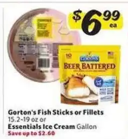 Winn Dixie Gorton's Fish Sticks or Fillets / Essentials Ice Cream offer