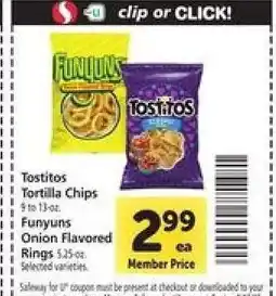 Safeway Tostitos Tortilla Chips & Funyuns Onion Flavored Rings offer