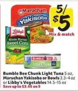 Winn Dixie Bumble Bee Chunk Light Tuna, Maruchan Yakisoba or Bowls, Libby's Vegetables offer