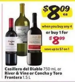 Winn Dixie Casillero del Diablo 750 mL or River & Vine or Concha y Toro Frontera 1.5 L offer