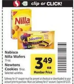 Safeway Nabisco Nilla Wafers / Newtons Cookies offer