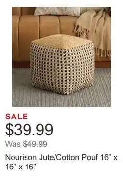 Costco Nourison Jute/Cotton Pouf 16 x 16 x 16 offer