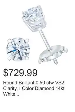 Costco Round Brilliant 0.50 ctw VS2 Clarity, I Color Diamond 14kt White Gold Stud Earrings offer
