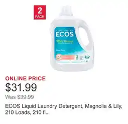 Costco ECOS Liquid Laundry Detergent, Magnolia & Lily, 210 Loads, 210 fl oz, 2-count offer