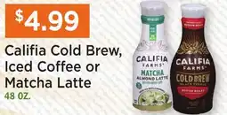 Heinen's Califia Cold Brew, Iced Coffee or Matcha Latte offer