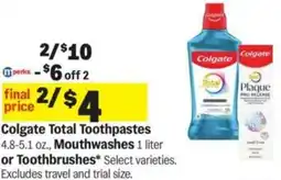 Meijer Colgate total toothpastes mouthwashes or toothbrushes offer