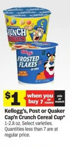 Meijer Kellogg's, post or quaker cap'n crunch cereal cup offer