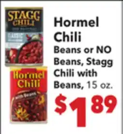 Vallarta Supermarkets Hormel Chili Beans or NO Beans, Stagg Chili with Beans offer