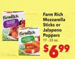 Vallarta Supermarkets Farm Rich Mozzarella Sticks or Jalapeno Poppers offer