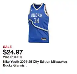 Dick's Sporting Goods Nike Youth 2024-25 City Edition Milwaukee Bucks Giannis Antetokounmpo #34 Swingman Jersey offer