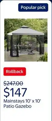 Walmart Mainstays 10' x 10' Easy Assembly Outdoor Furniture Patio Gazebo offer