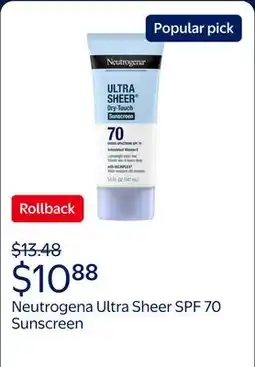 Walmart Neutrogena Ultra Sheer Dry-Touch SPF 70 Sunscreen Lotion offer