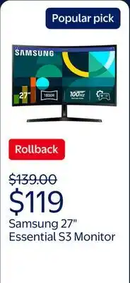 Walmart Samsung 27 Essential S3 (S36GD) FHD 100Hz Curved Monitor - LS27D36DGANXZA offer