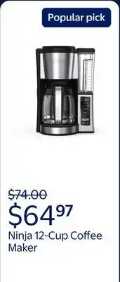 Walmart Ninja 12-Cup Stainless Steel Coffee Maker, Glass Carafe, CE250 offer