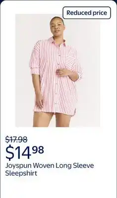 Walmart Joyspun Women's Woven Long Sleeve Button Front Sleepshirt, Sizes XS-3X offer