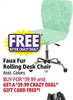 Ocean State Job Lot Faux Fur Rolling Desk Chair Green offer