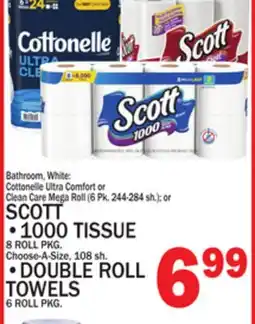 C Town SCOTT 1000 TISSUE 8 ROLL PKG. Choose-A-Size, 108 sh., DOUBLE ROLL TOWELS 6 ROLL PKG offer